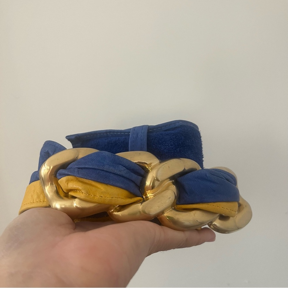80s Leather Rhea Jewelry and Belts Blue and Gold Chain  Belt 1985 Concorde Gold